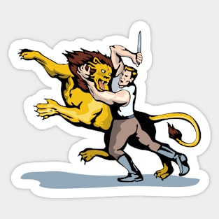 Man Fighting Lion with Dagger  Retro Sticker